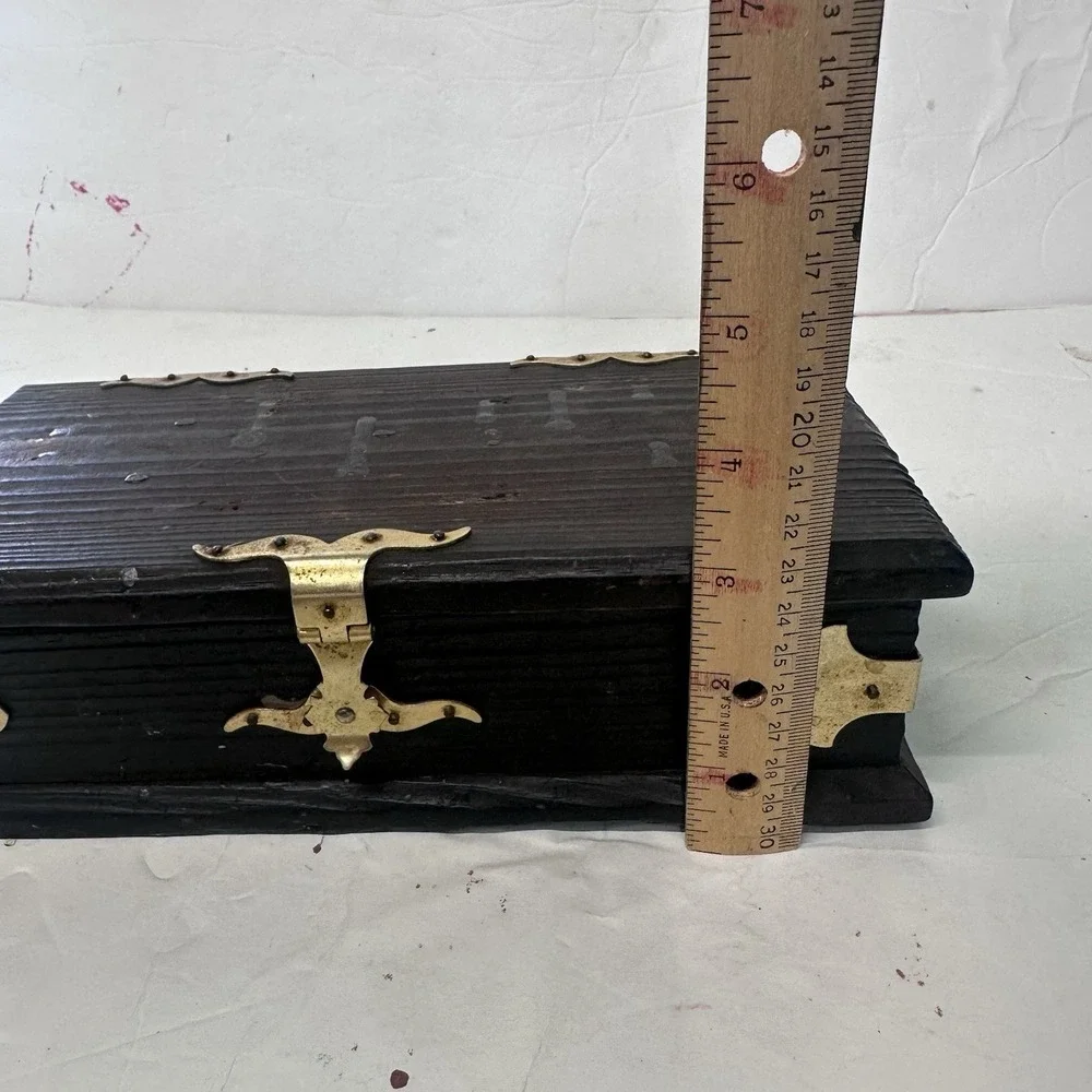 Vintage Wooden Jewelry Box Treasure Chest Trinket Rustic Pirate Gold Hardware Go